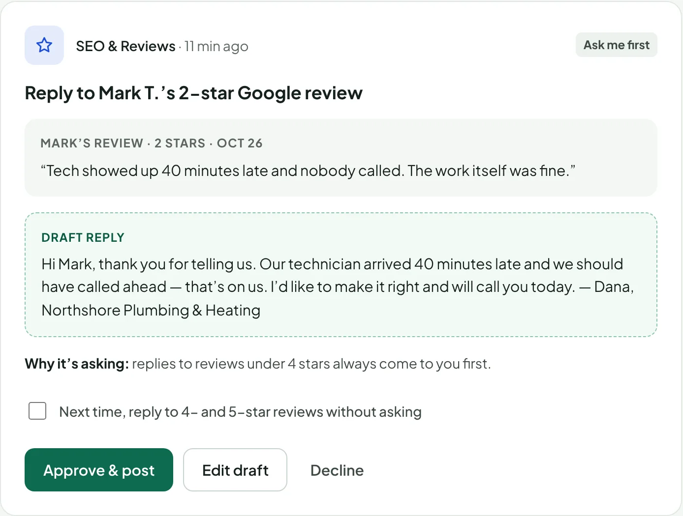 Example approval: a drafted reply to a 2-star Google review, waiting for the owner.