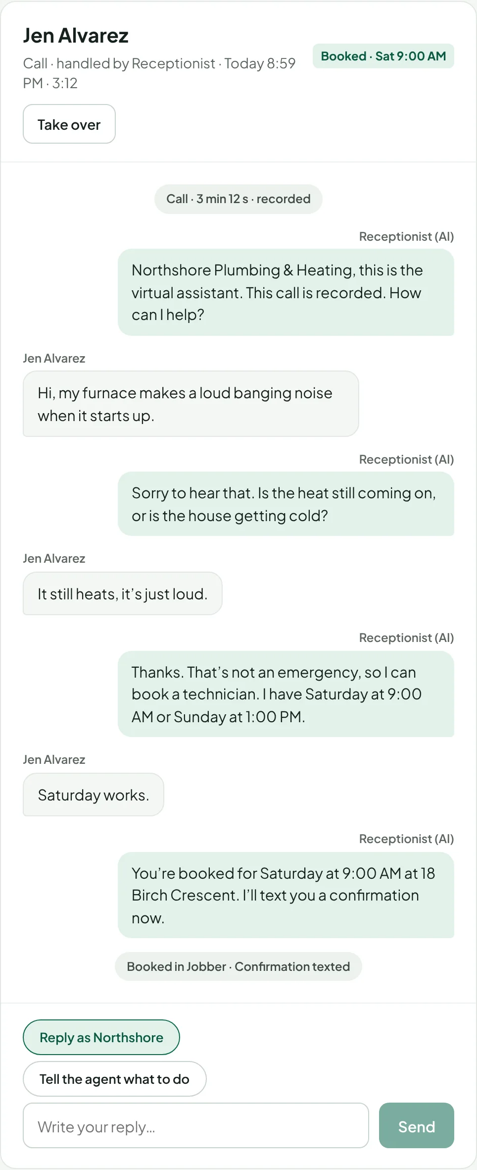 Example call: a customer with a noisy furnace is booked for Saturday at 9 a.m.