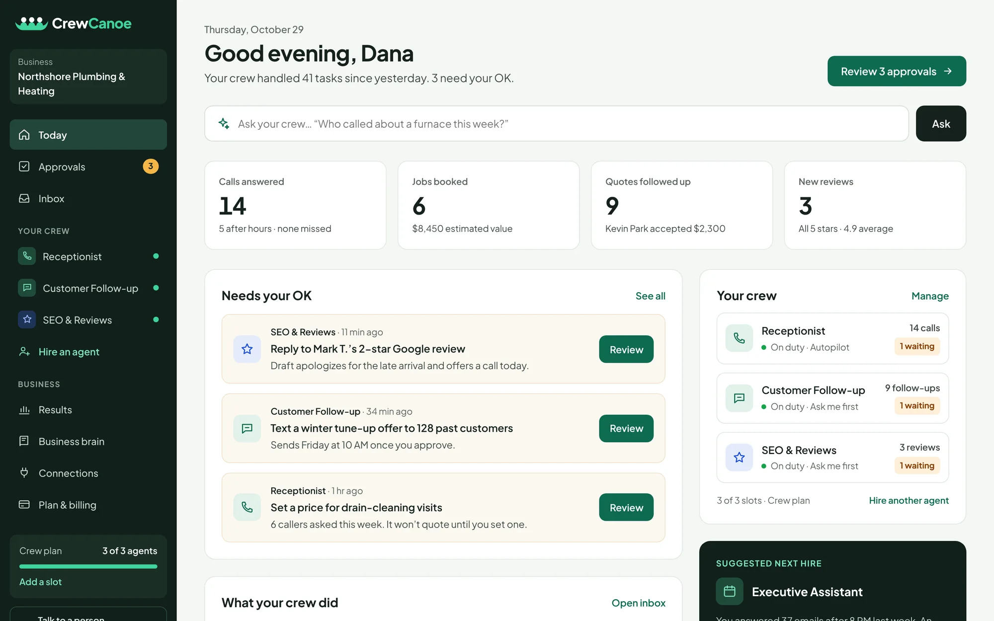 The CrewCanoe owner app: today’s calls, jobs booked and three items waiting for the owner’s OK.